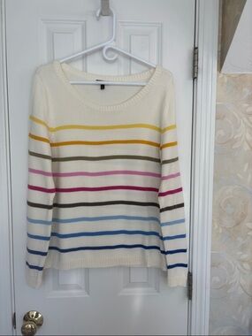Talbots Multicolored Striped Knit Sweater with Cream Background.